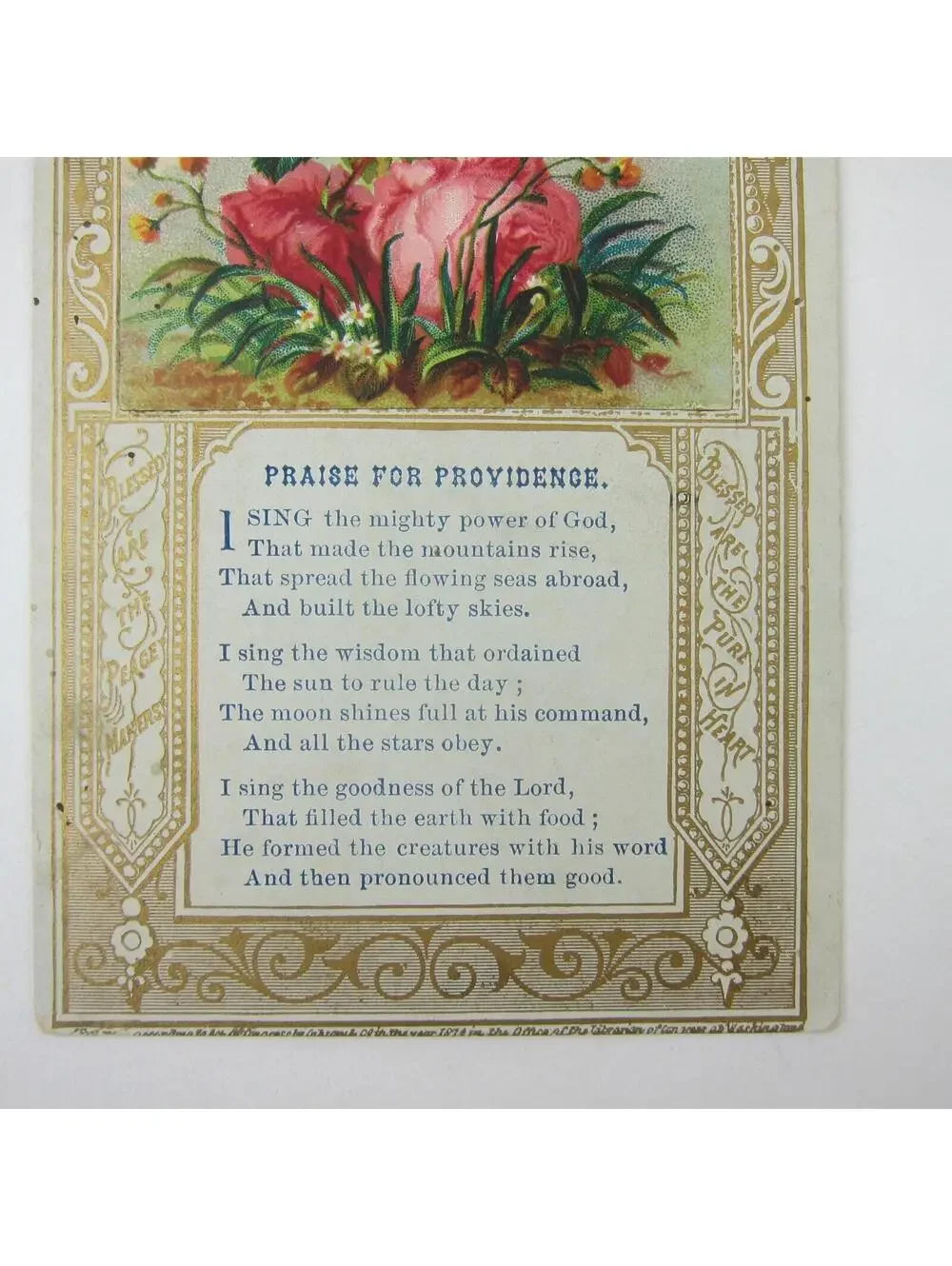 Victorian Prayer Card Praise for Providence Pink & Yellow Flowers Gold Antique